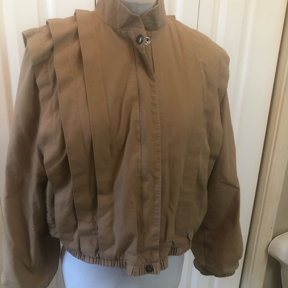 bebe Vintage Pleated Crop Bomber Jacket in Tan